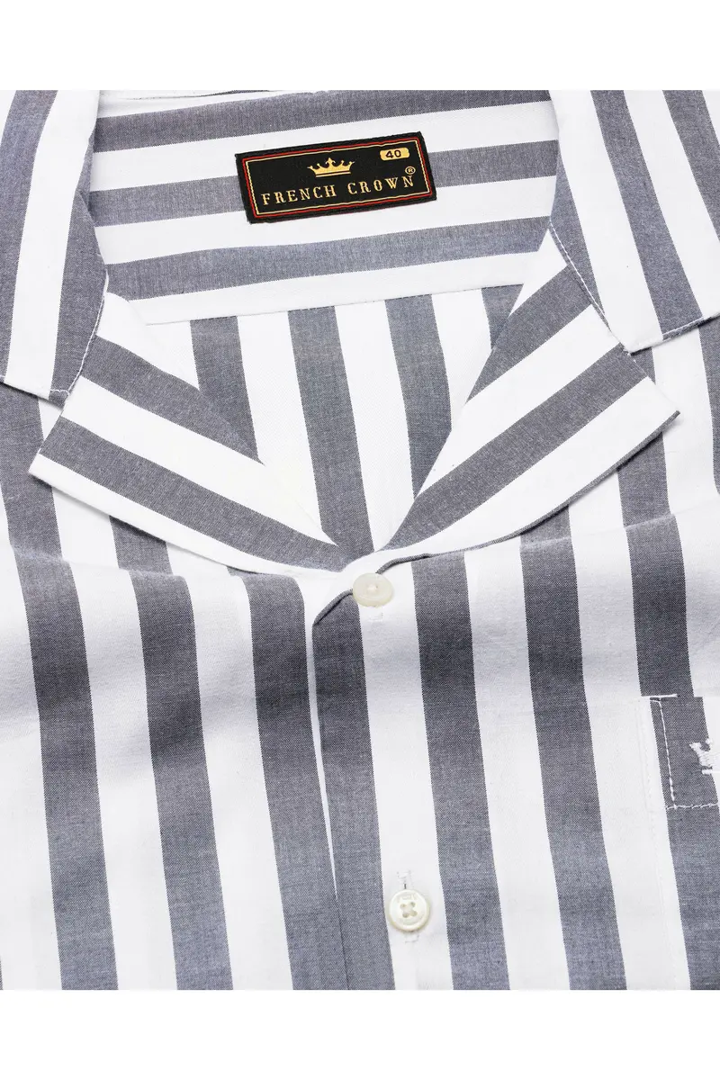 Bright White And Paynes Gray Striped With Spider Embroidered Patch Work Premium Cotton Designer Shirt 4