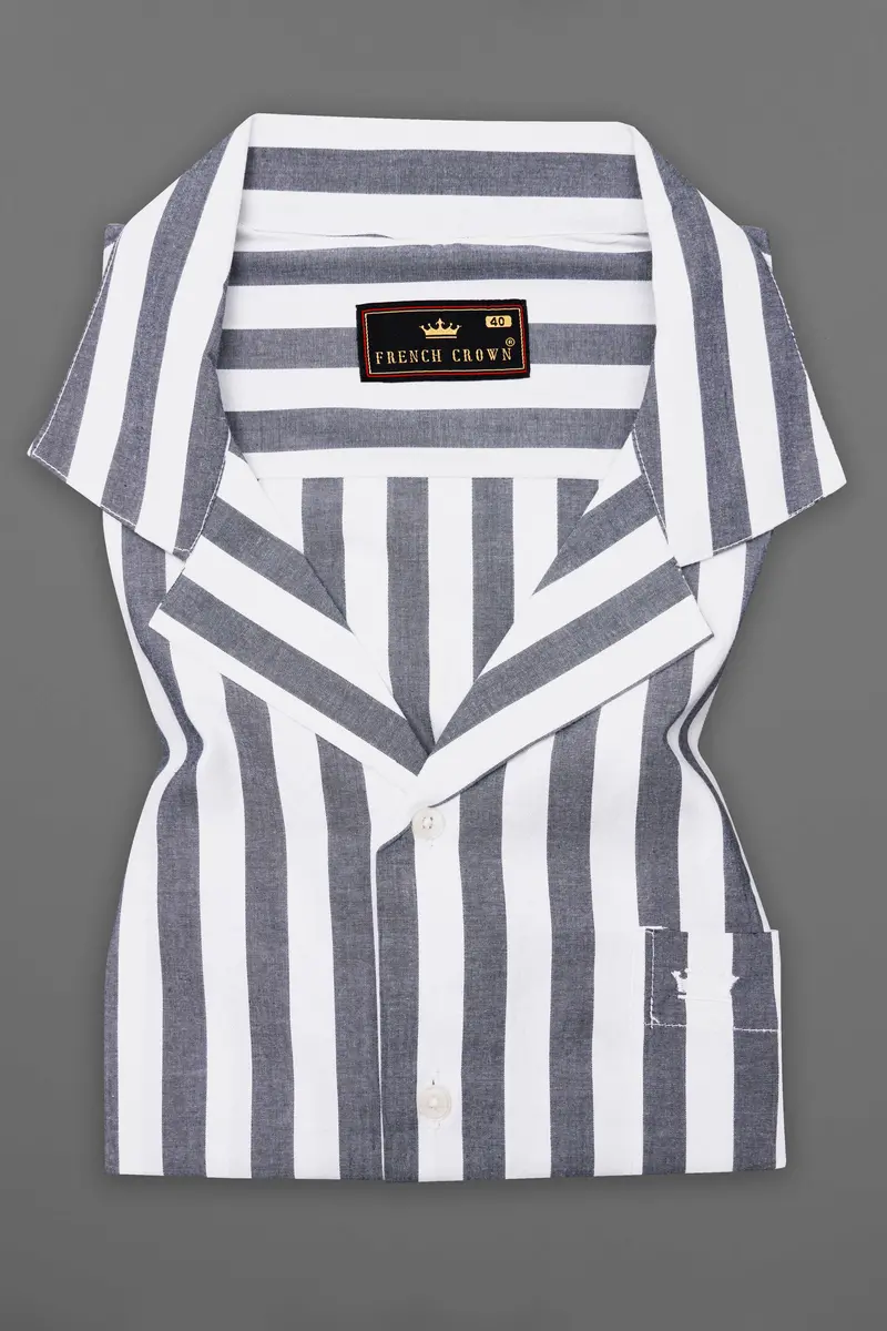 Bright White And Paynes Gray Striped With Spider Embroidered Patch Work Premium Cotton Designer Shirt 5
