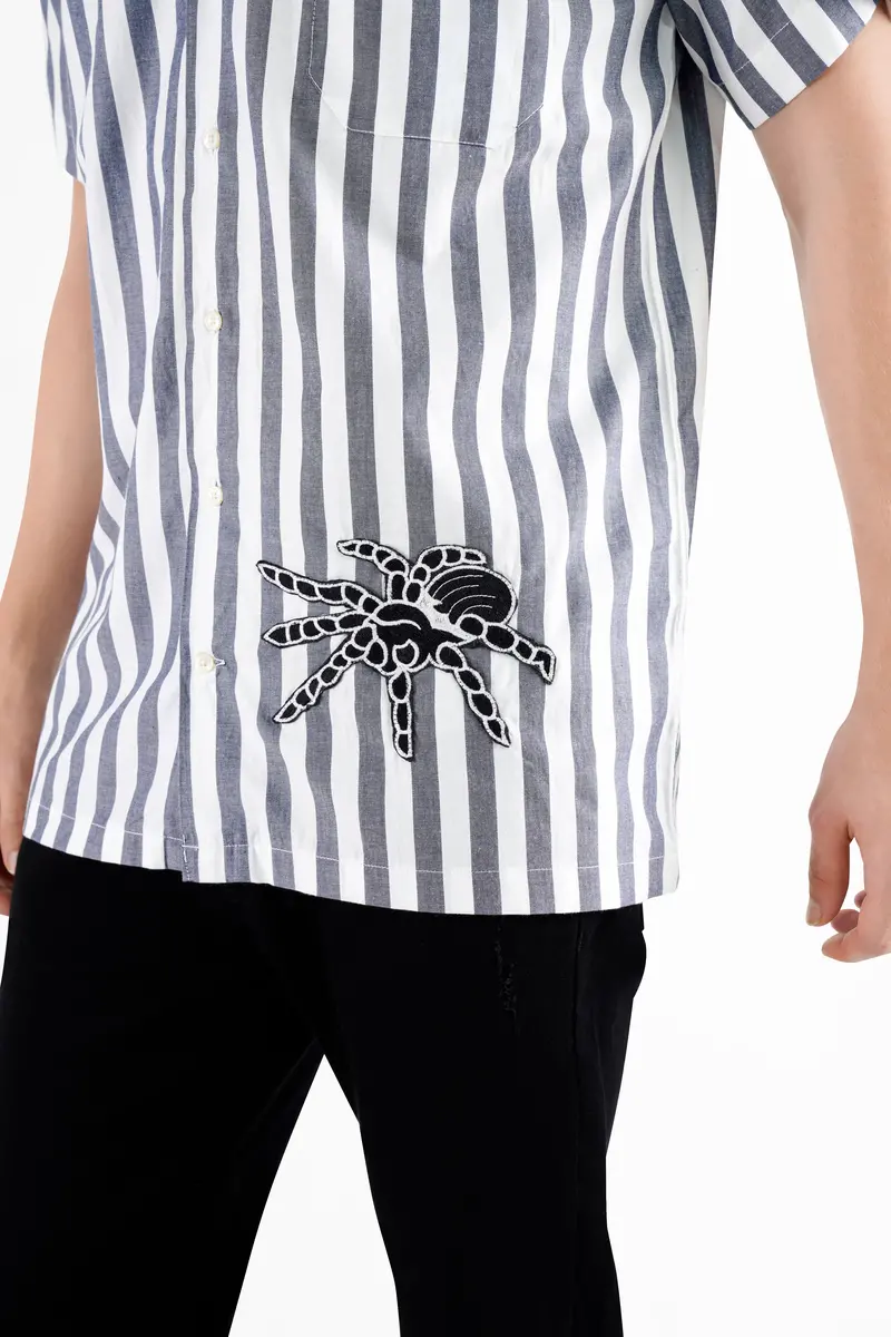 Bright White And Paynes Gray Striped With Spider Embroidered Patch Work Premium Cotton Designer Shirt 6