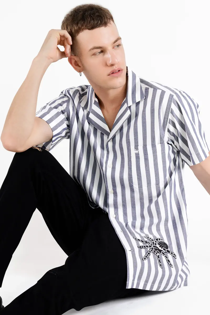 Bright White And Paynes Gray Striped With Spider Embroidered Patch Work Premium Cotton Designer Shirt 7