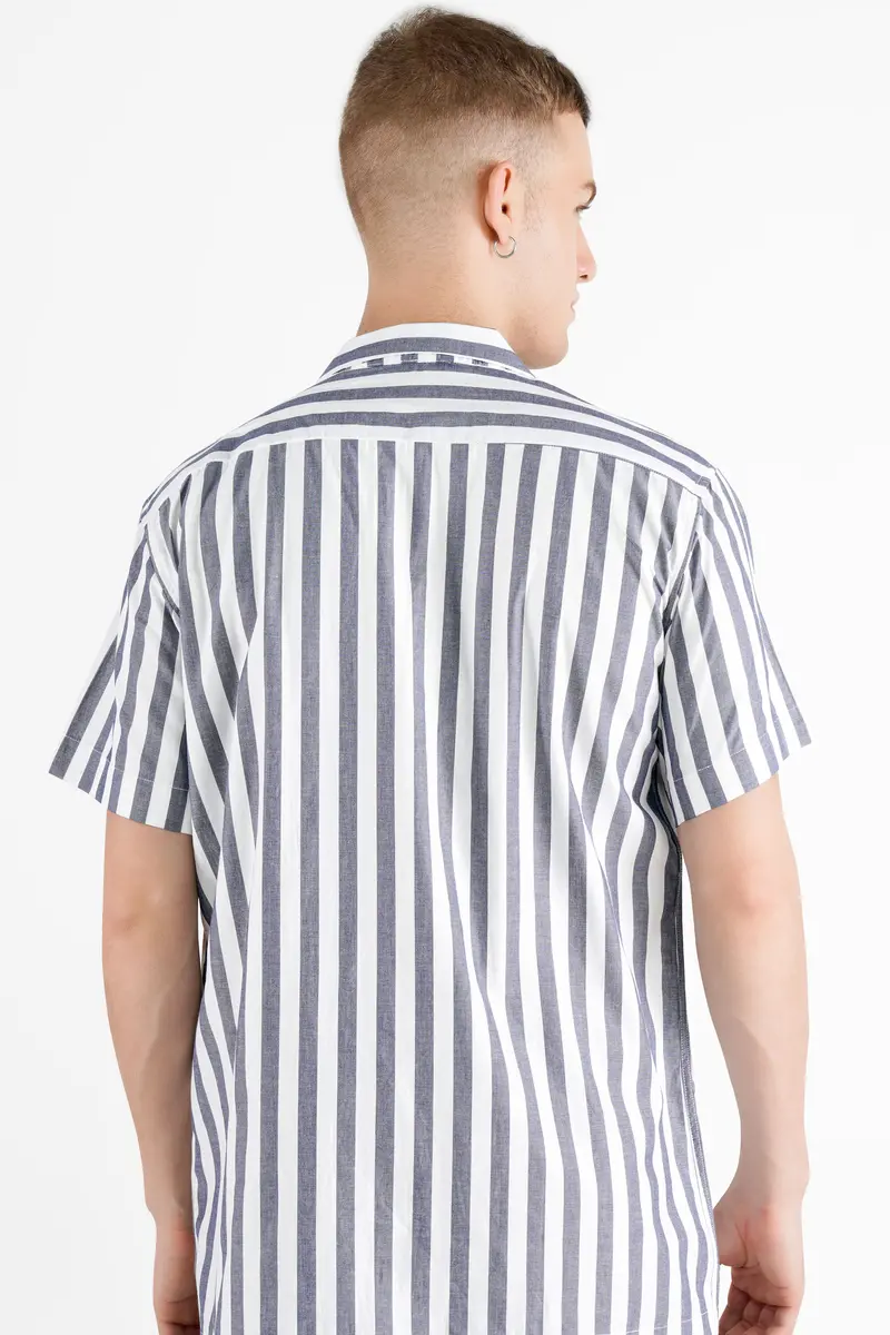 Bright White And Paynes Gray Striped With Spider Embroidered Patch Work Premium Cotton Designer Shirt 8