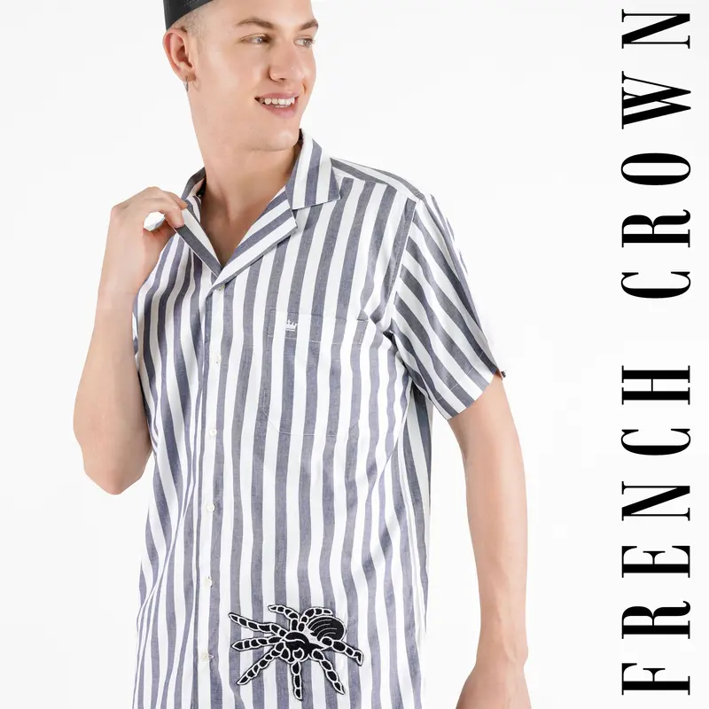 Bright White And Paynes Gray Striped With Spider Embroidered Patch Work Premium Cotton Designer Shirt 9