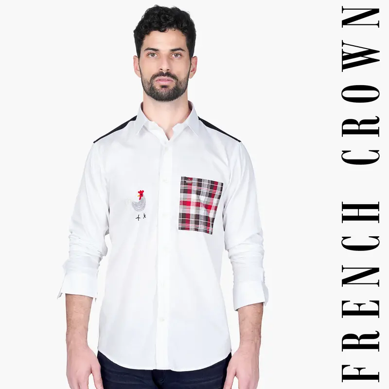 Bright White And Persian Plum Checkered With Chicken Hand Stitched Subtle Sheen Super Soft Premium Cotton Designer Shirt 1