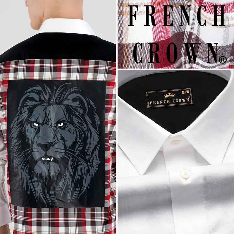 Bright White And Persian Plum Red Checkered With Lion Printed Super Soft Premium Cotton Designer Shirt 1