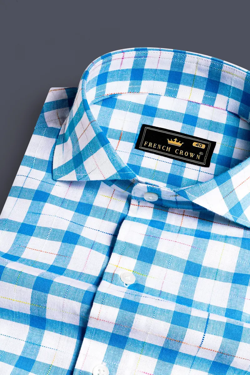 Bright White And Picton Blue Checkered Dobby Textured Premium Giza Cotton Shirt 1