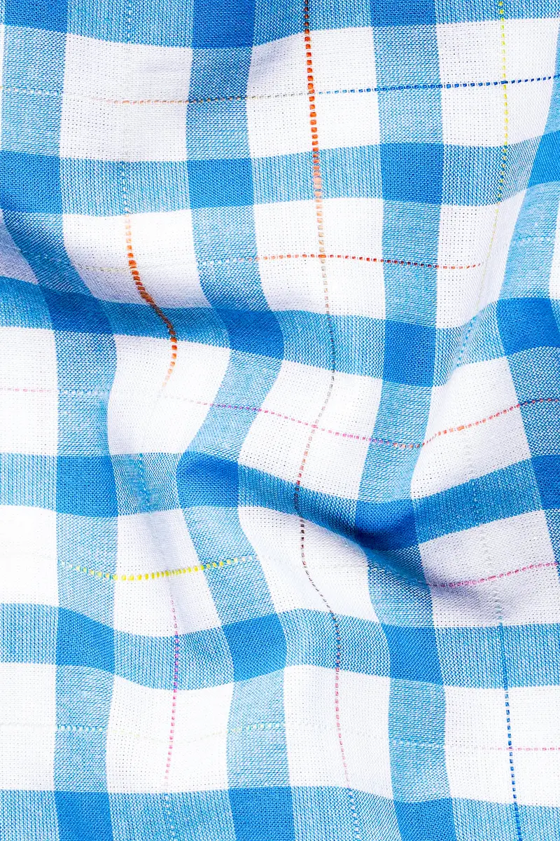 Bright White And Picton Blue Checkered Dobby Textured Premium Giza Cotton Shirt 2