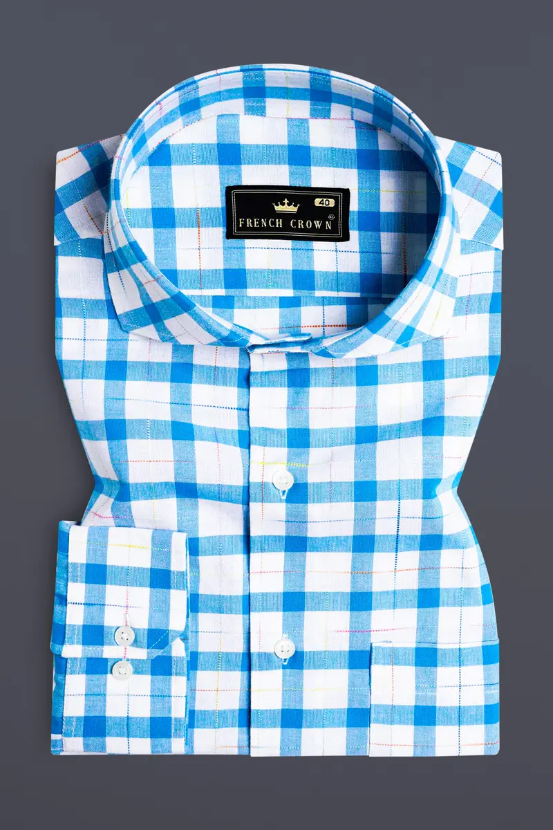 Bright White And Picton Blue Checkered Dobby Textured Premium Giza Cotton Shirt 3