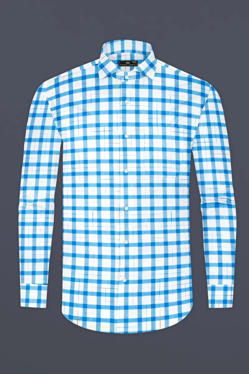 Bright White And Picton Blue Checkered Dobby Textured Premium Giza Cotton Shirt 4