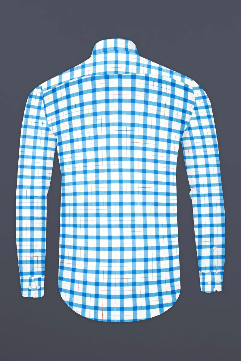 Bright White And Picton Blue Checkered Dobby Textured Premium Giza Cotton Shirt 5