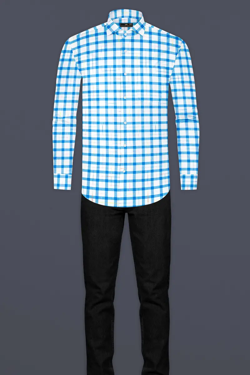 Bright White And Picton Blue Checkered Dobby Textured Premium Giza Cotton Shirt 6