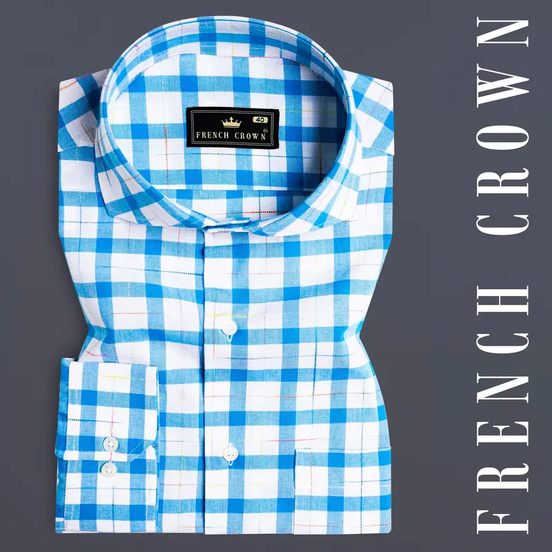 Bright White And Picton Blue Checkered Dobby Textured Premium Giza Cotton Shirt 7
