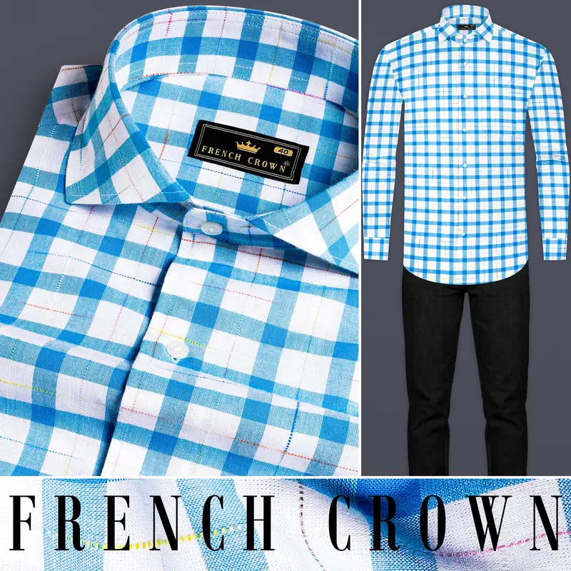 Bright White And Picton Blue Checkered Dobby Textured Premium Giza Cotton Shirt 8