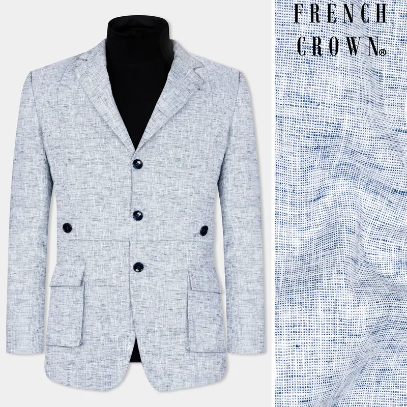 Bright White And Rhino Blue Luxurious Linen Designer Blazer 1