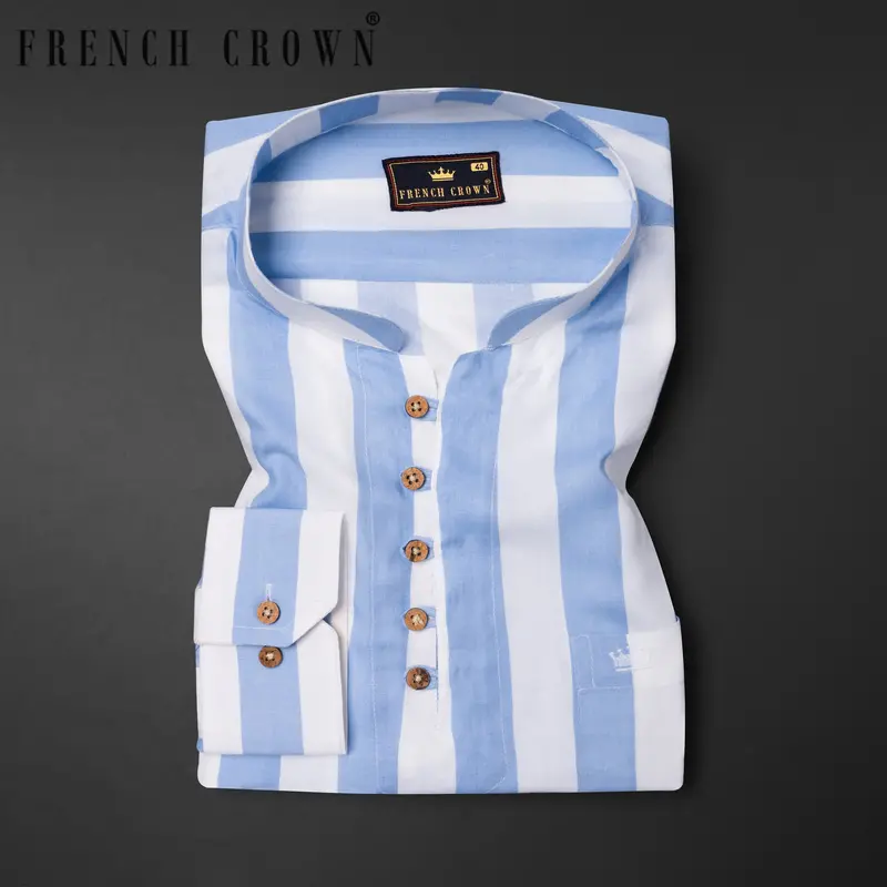 Bright White And Rock Blue Striped Tencel Kurta Shirt 1