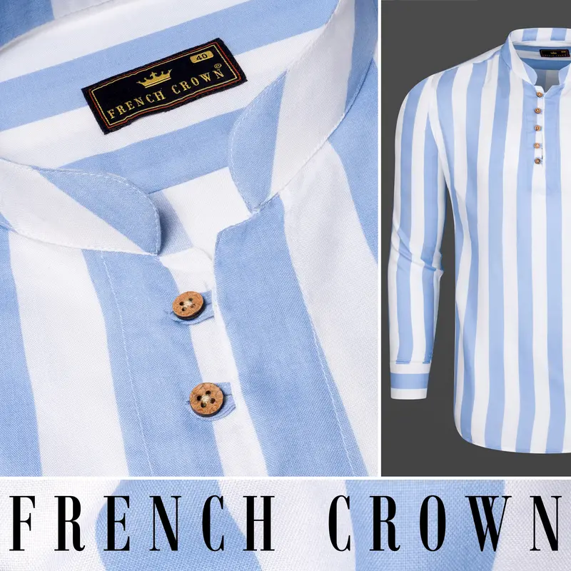 Bright White And Rock Blue Striped Tencel Kurta Shirt 10