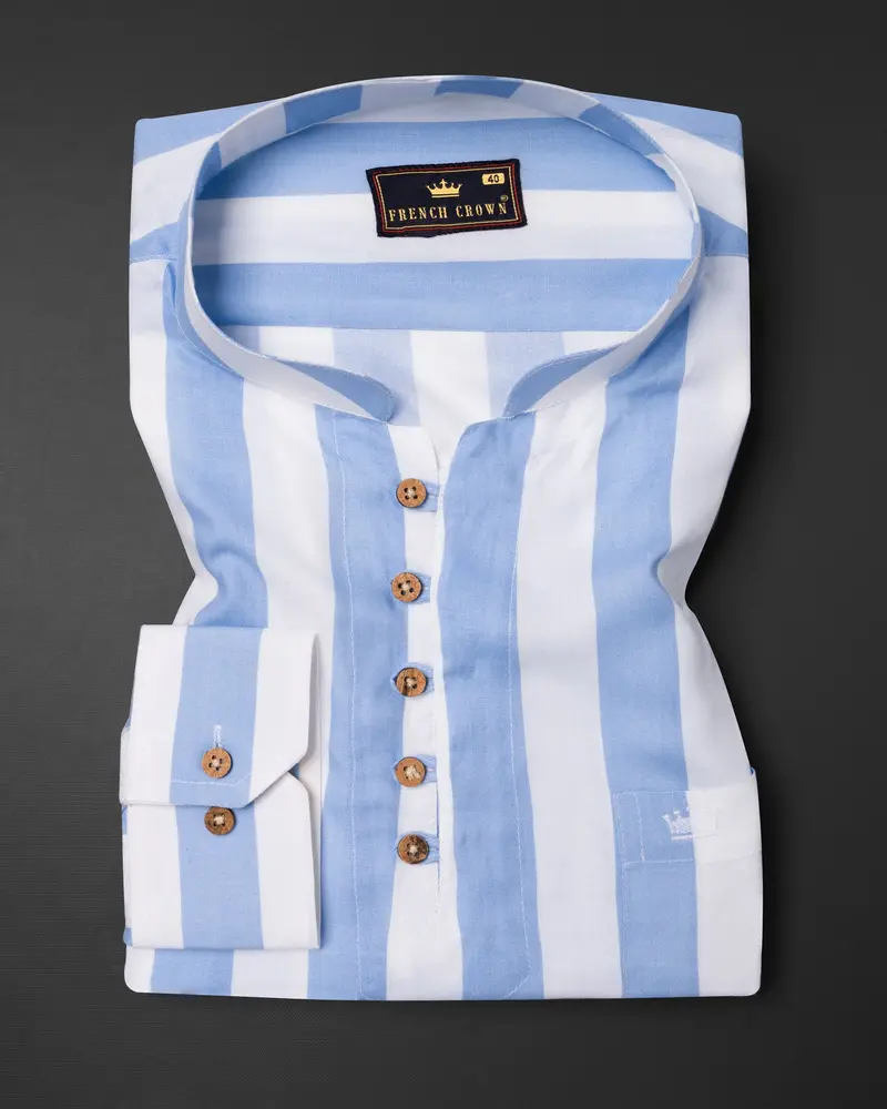 Bright White And Rock Blue Striped Tencel Kurta Shirt 2