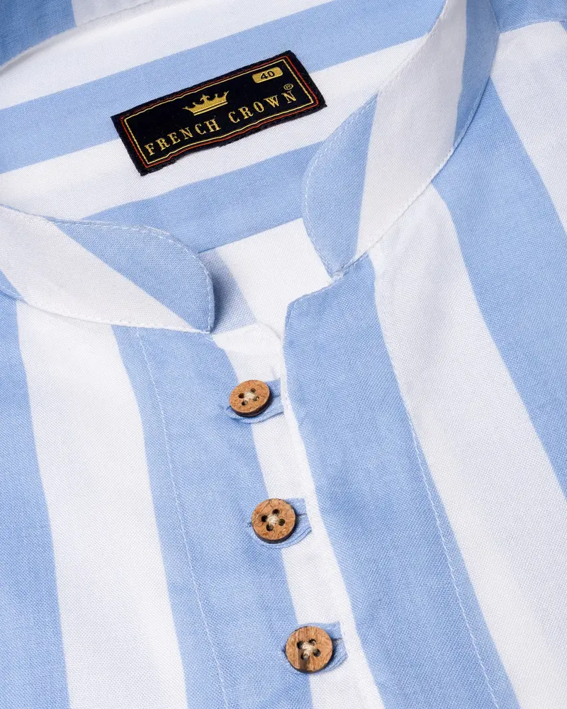 Bright White And Rock Blue Striped Tencel Kurta Shirt 4