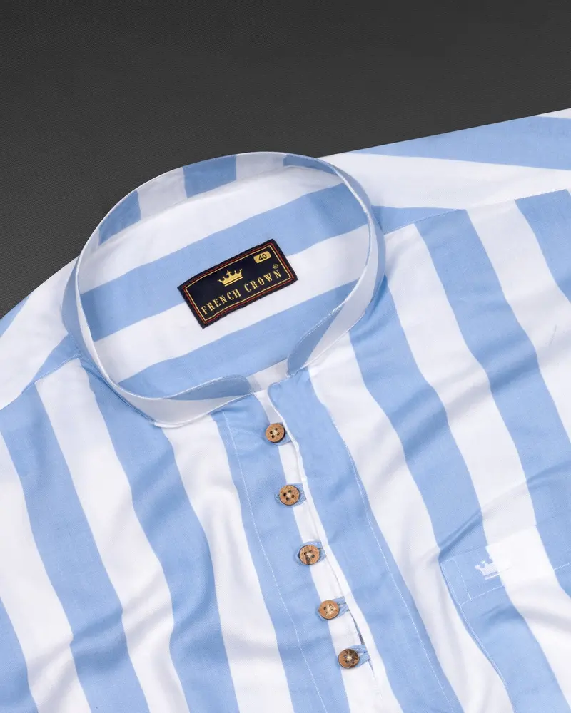 Bright White And Rock Blue Striped Tencel Kurta Shirt 5