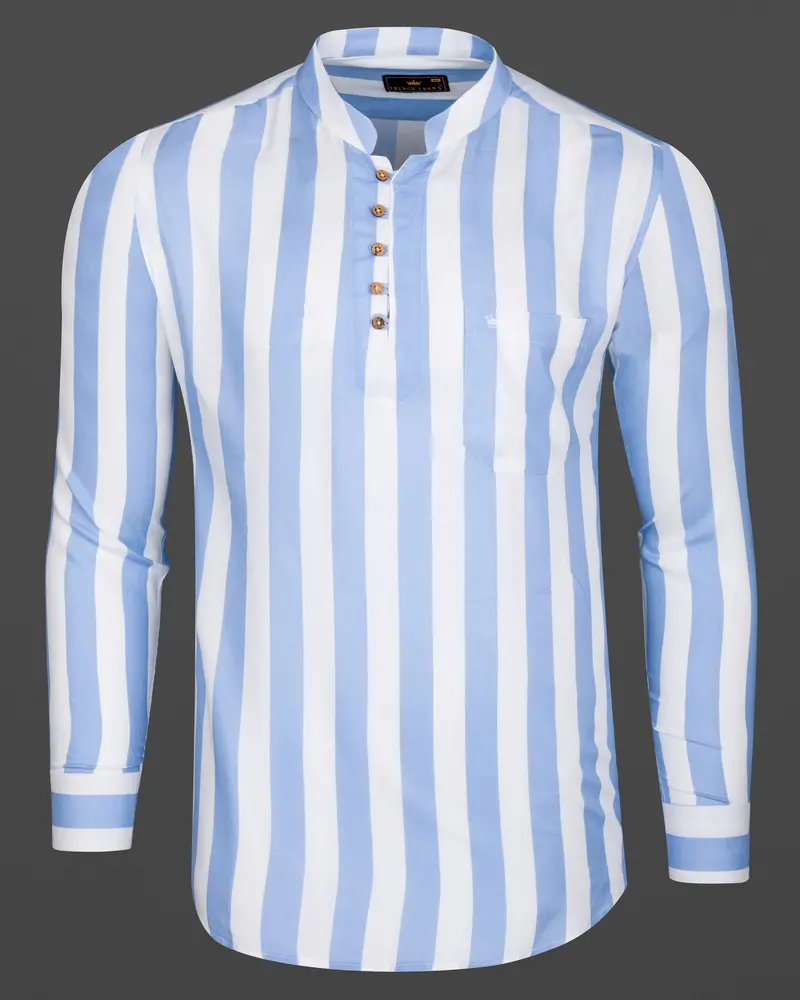 Bright White And Rock Blue Striped Tencel Kurta Shirt 6