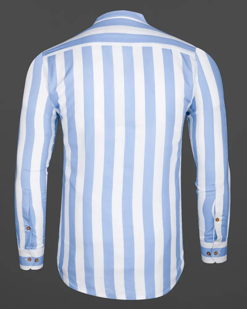 Bright White And Rock Blue Striped Tencel Kurta Shirt 7