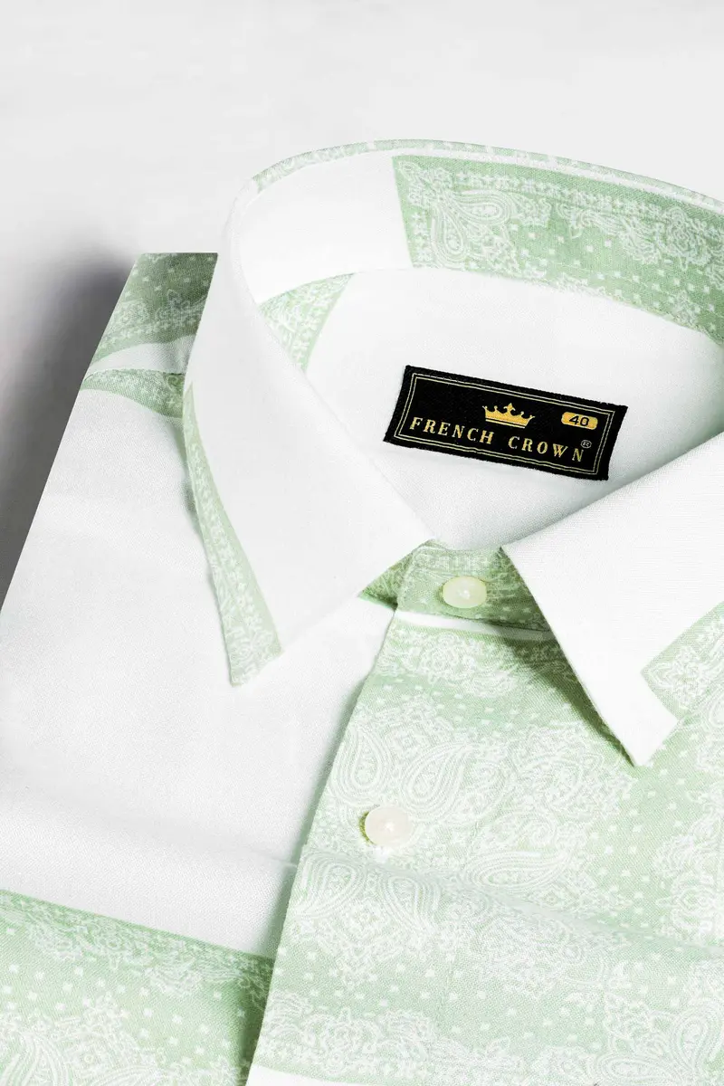 Bright White And Sage Green Paisley Printed Premium Tencel Shirt 1
