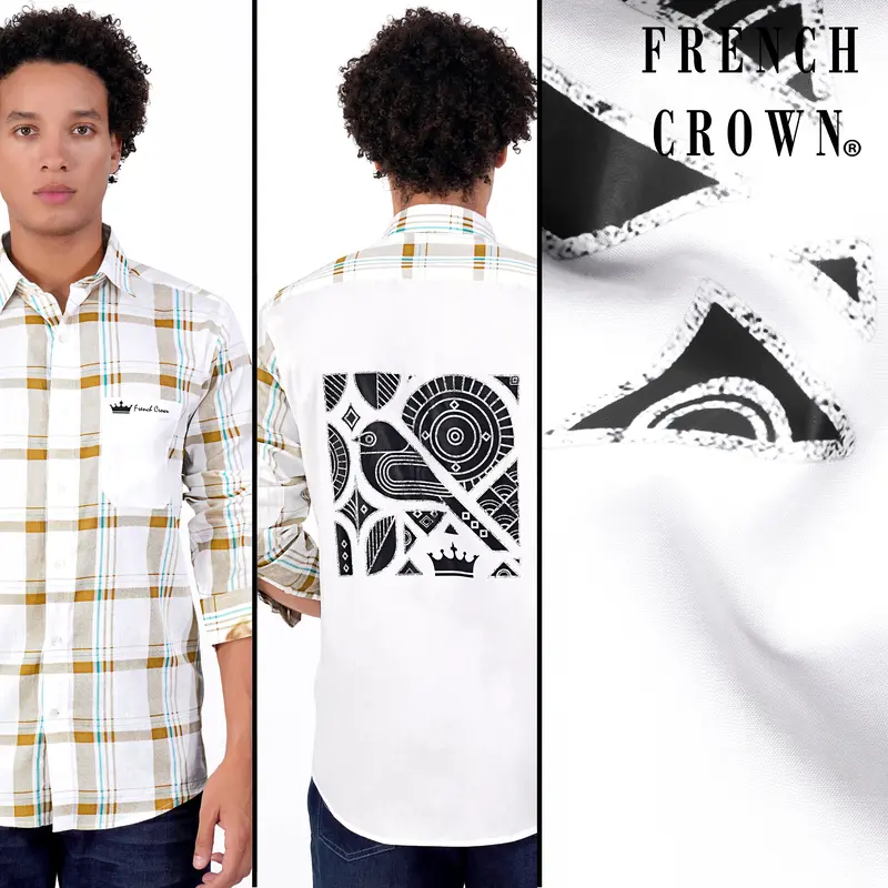 Bright White And Sandy Brown Plaid With Funky Printed Premium Cotton Designer Shirt 1