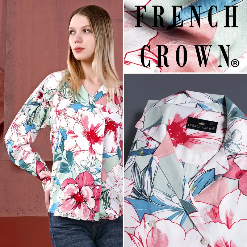 Bright White And Scarlet Red Multicolour Floral Printed Premium Tencel Shirt 1