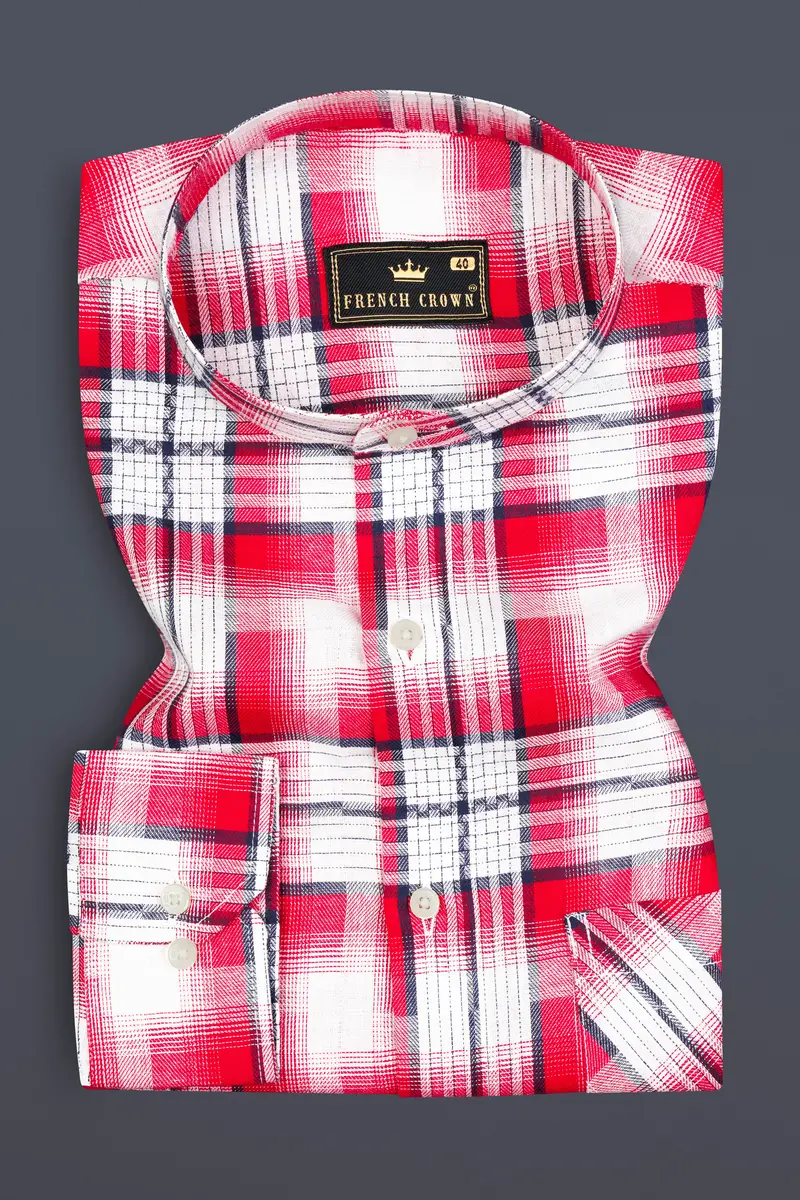 Bright White And Scarlet Red Plaid Twill Premium Cotton Shirt 3
