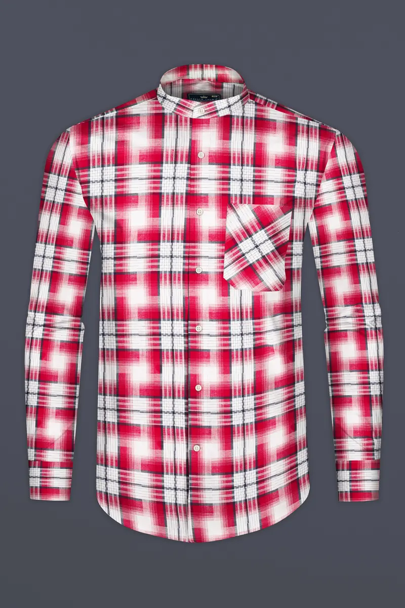 Bright White And Scarlet Red Plaid Twill Premium Cotton Shirt 4