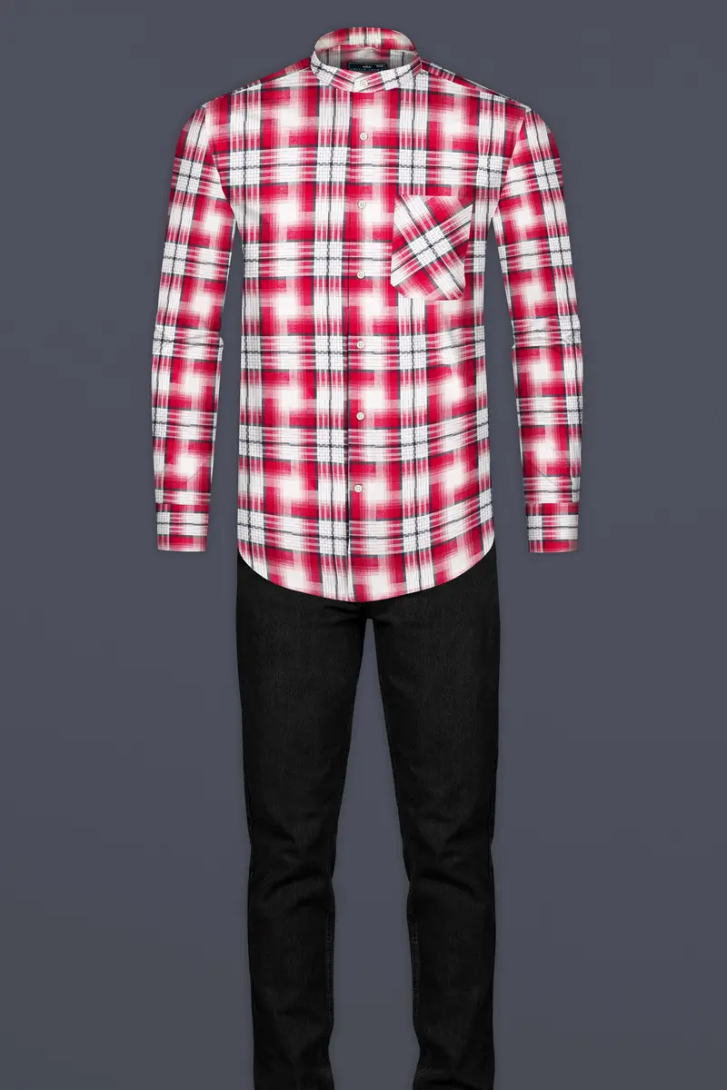 Bright White And Scarlet Red Plaid Twill Premium Cotton Shirt 6