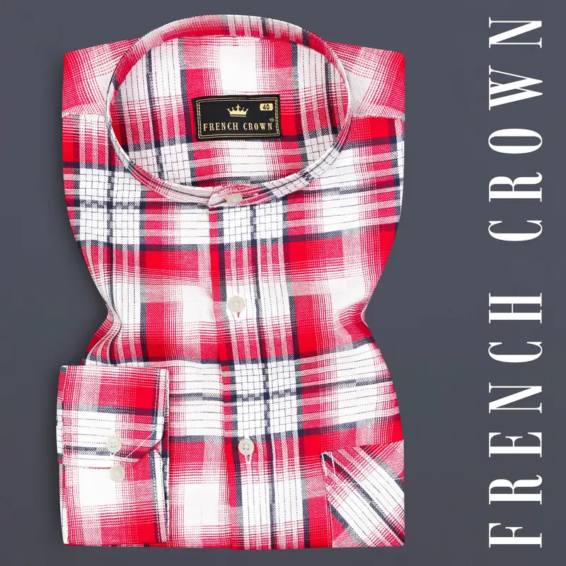 Bright White And Scarlet Red Plaid Twill Premium Cotton Shirt 7
