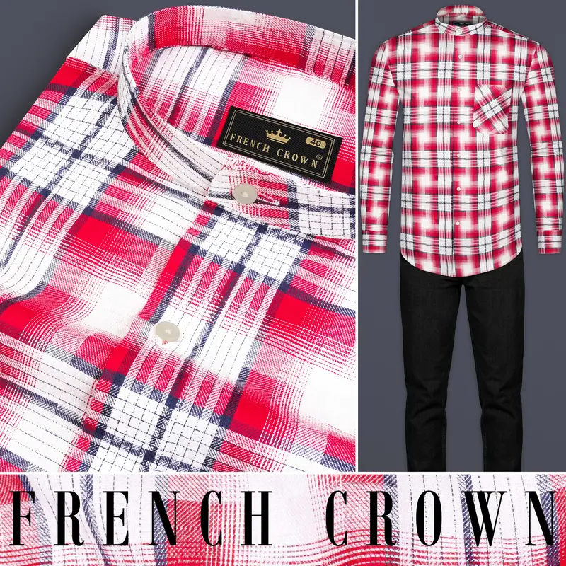 Bright White And Scarlet Red Plaid Twill Premium Cotton Shirt 8