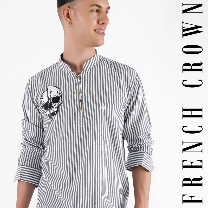 Bright White And Shuttle Gray Striped With Skull Embroidered Patchwork Premium Cotton Designer Kurta Shirt 1