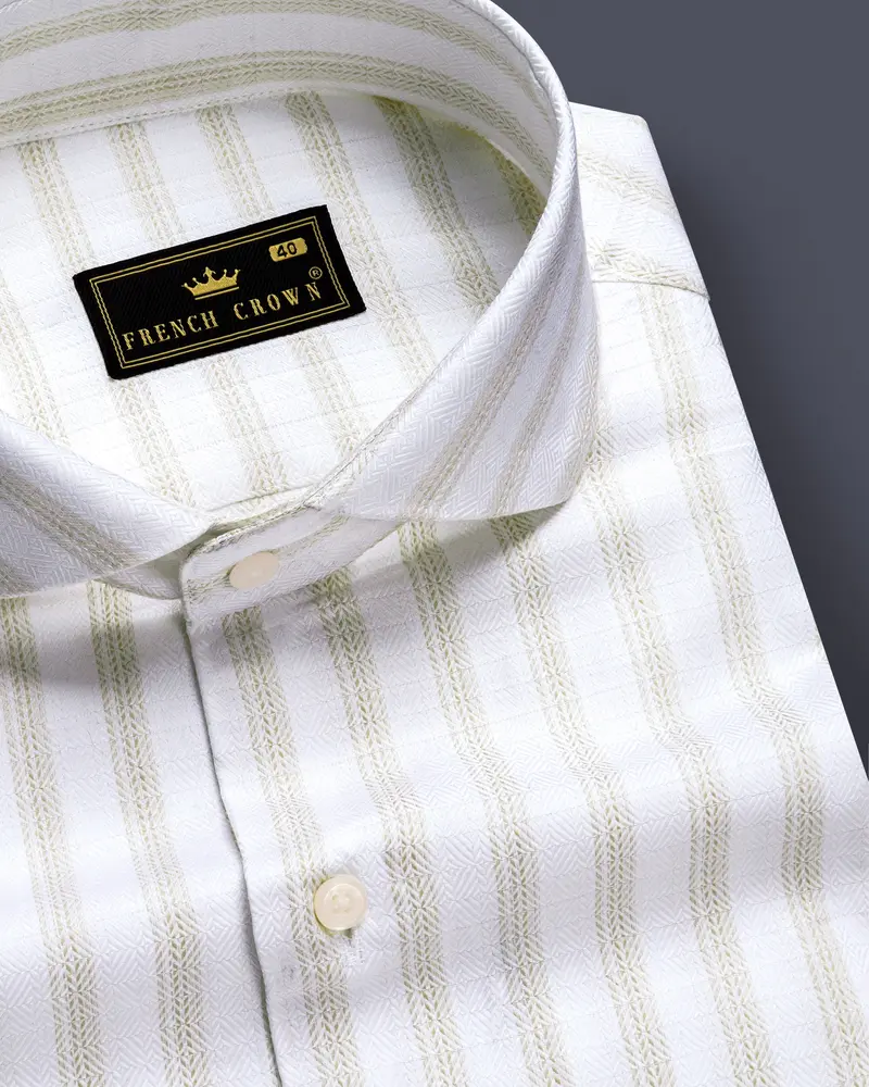 Bright White And Sprout Cream Striped Dobby Textured Premium Giza Cotton Dress Shirt 1