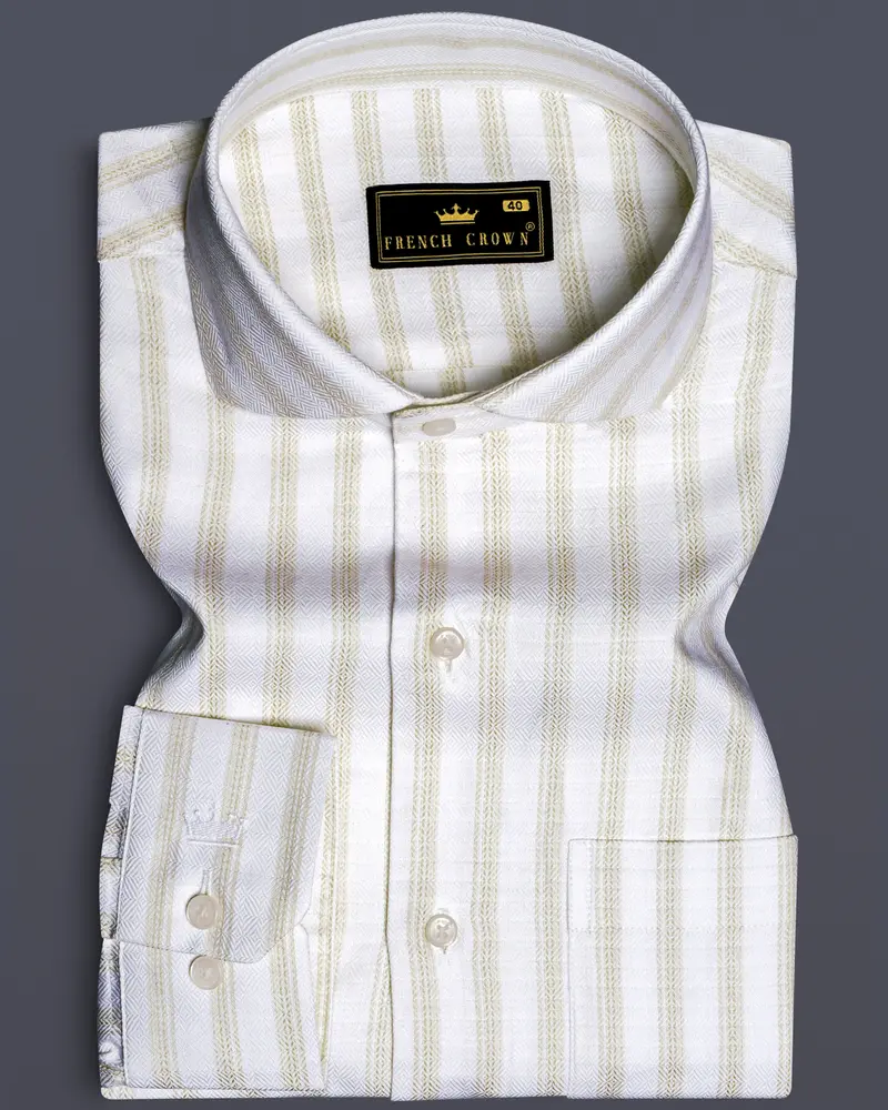 Bright White And Sprout Cream Striped Dobby Textured Premium Giza Cotton Dress Shirt 10