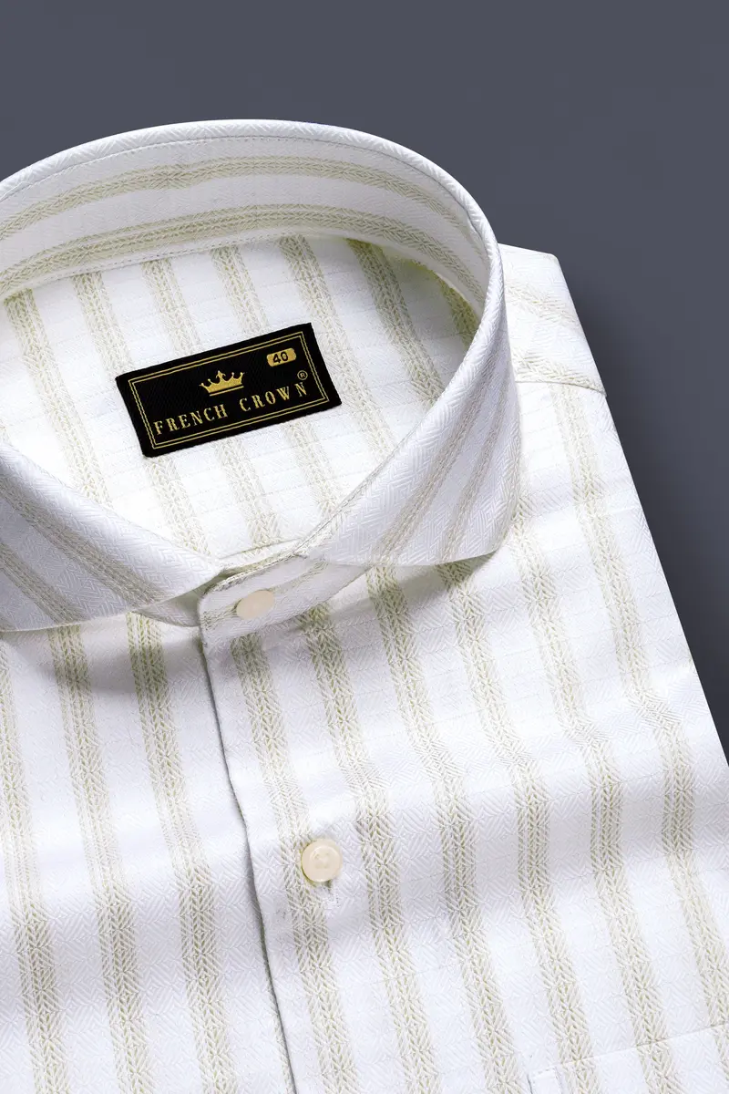 Bright White And Sprout Cream Striped Dobby Textured Premium Giza Cotton Dress Shirt 2