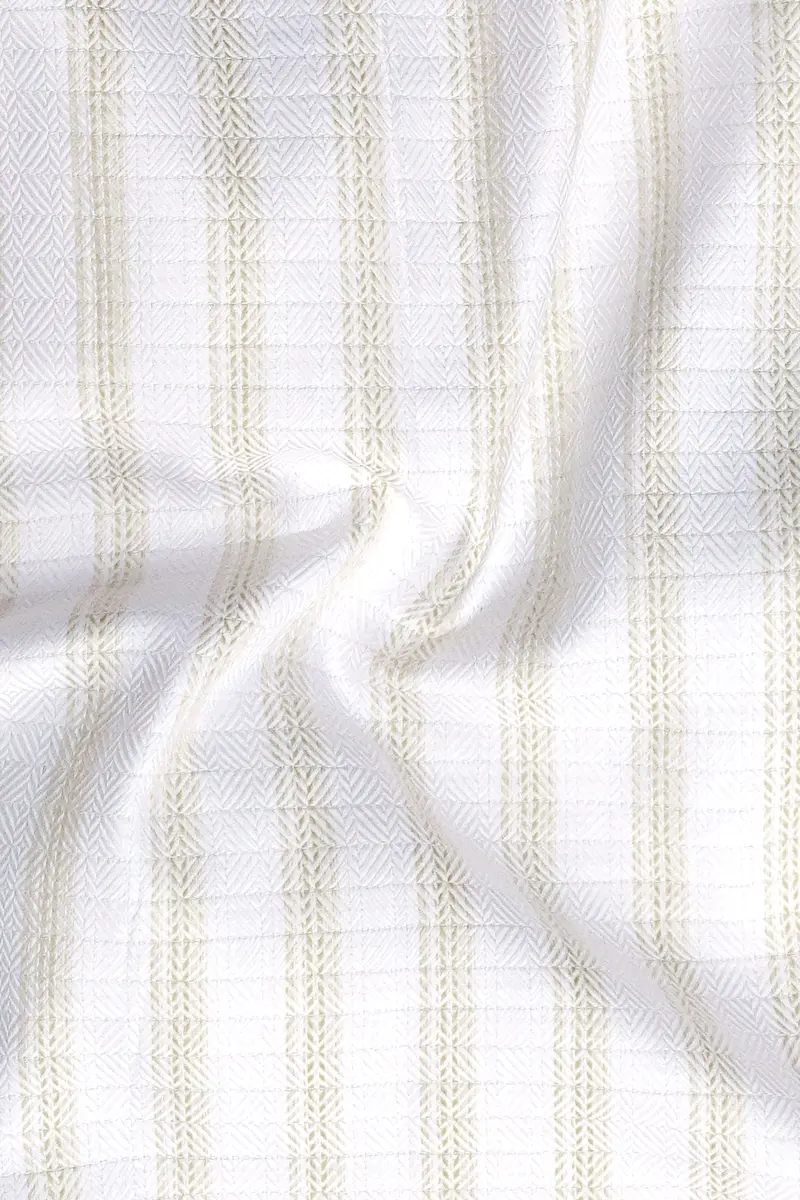 Bright White And Sprout Cream Striped Dobby Textured Premium Giza Cotton Dress Shirt 3