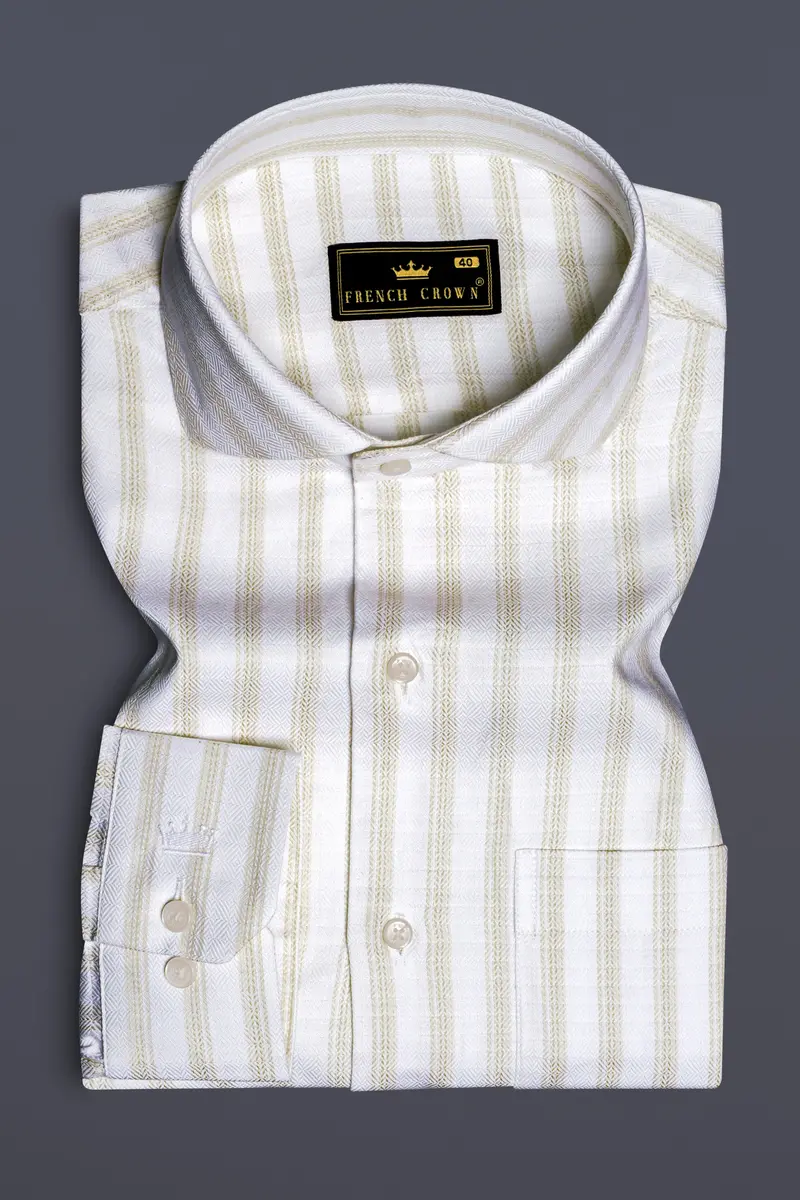Bright White And Sprout Cream Striped Dobby Textured Premium Giza Cotton Dress Shirt 4