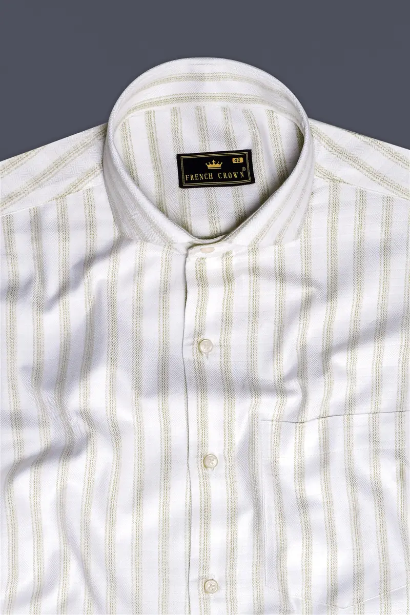 Bright White And Sprout Cream Striped Dobby Textured Premium Giza Cotton Dress Shirt 5