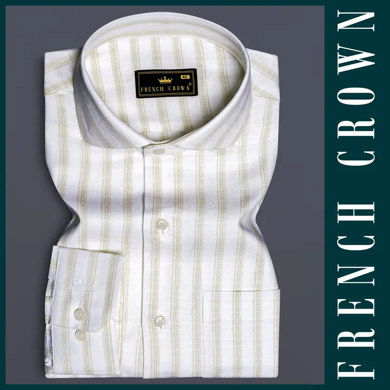 Bright White And Sprout Cream Striped Dobby Textured Premium Giza Cotton Dress Shirt 6