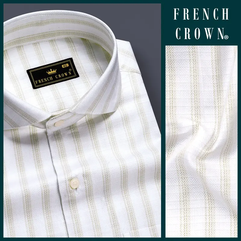 Bright White And Sprout Cream Striped Dobby Textured Premium Giza Cotton Dress Shirt 9