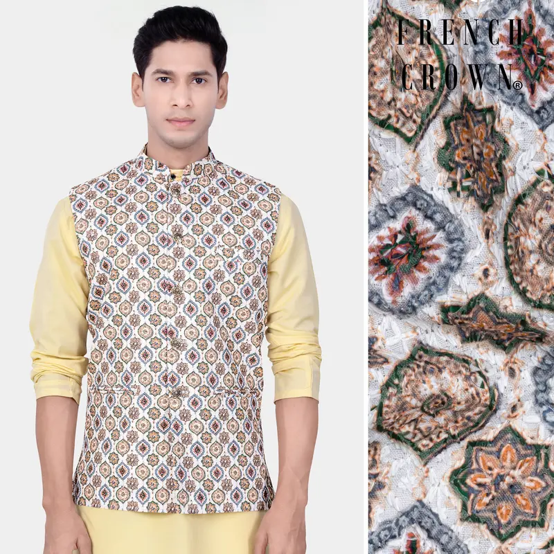 Bright White And Spruce Green Designer Embroidered Nehru Jacket 1