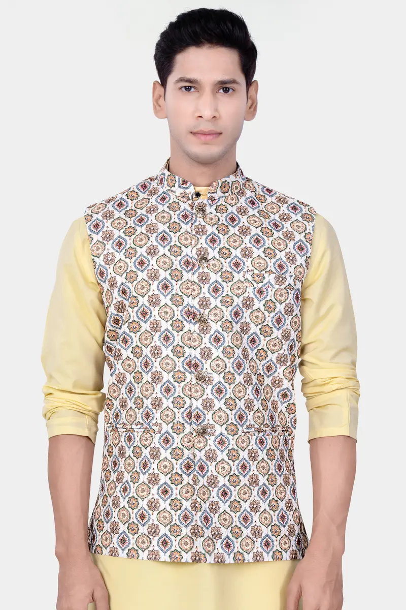 Bright White And Spruce Green Designer Embroidered Nehru Jacket 2