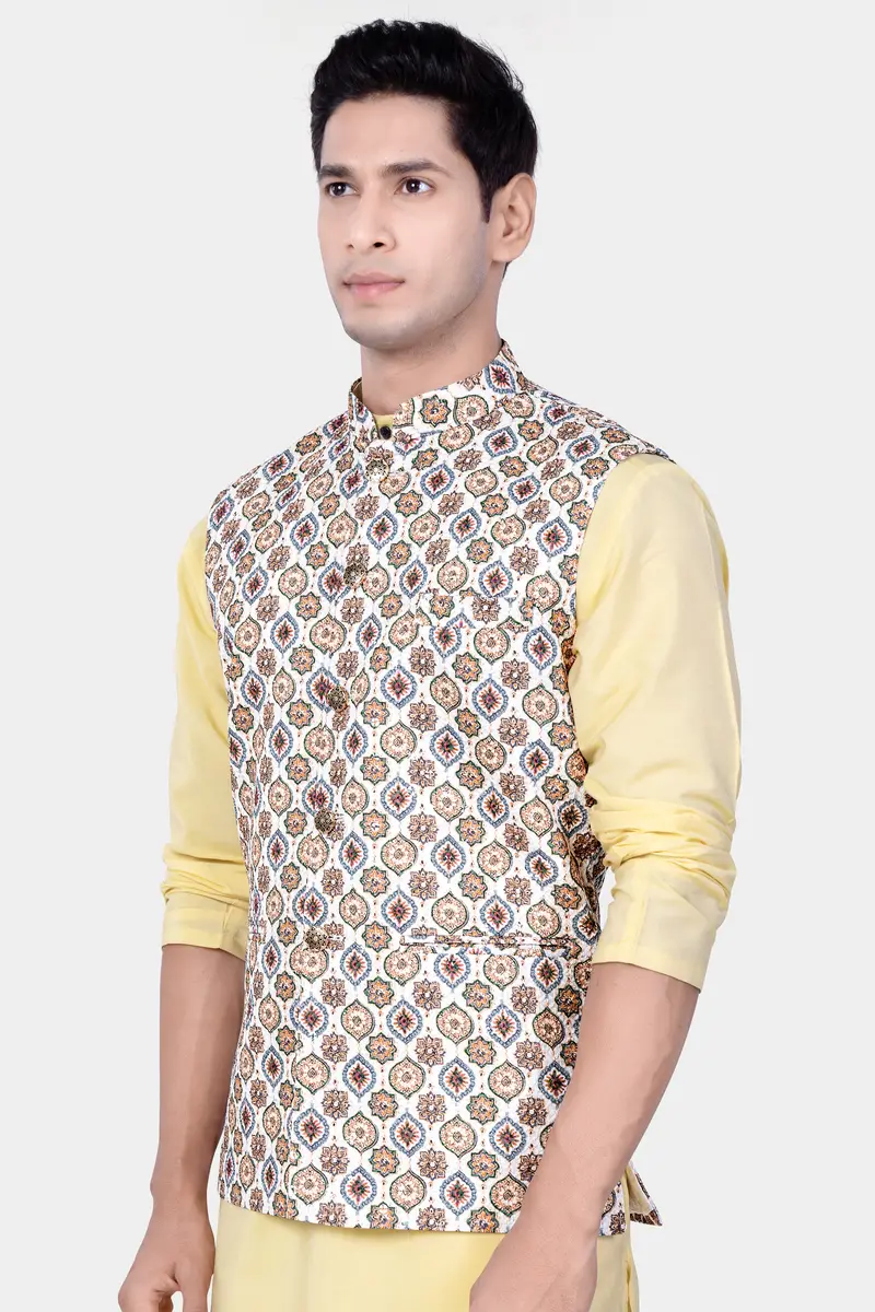 Bright White And Spruce Green Designer Embroidered Nehru Jacket 5
