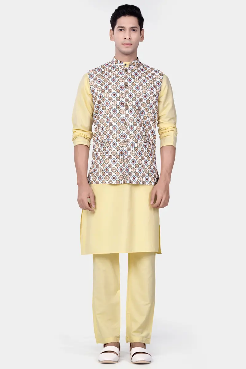 Bright White And Spruce Green Designer Embroidered Nehru Jacket 6