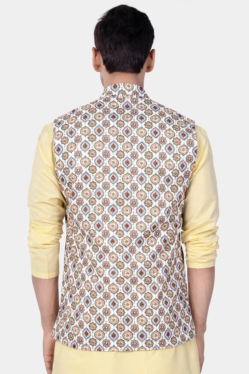 Bright White And Spruce Green Designer Embroidered Nehru Jacket 7