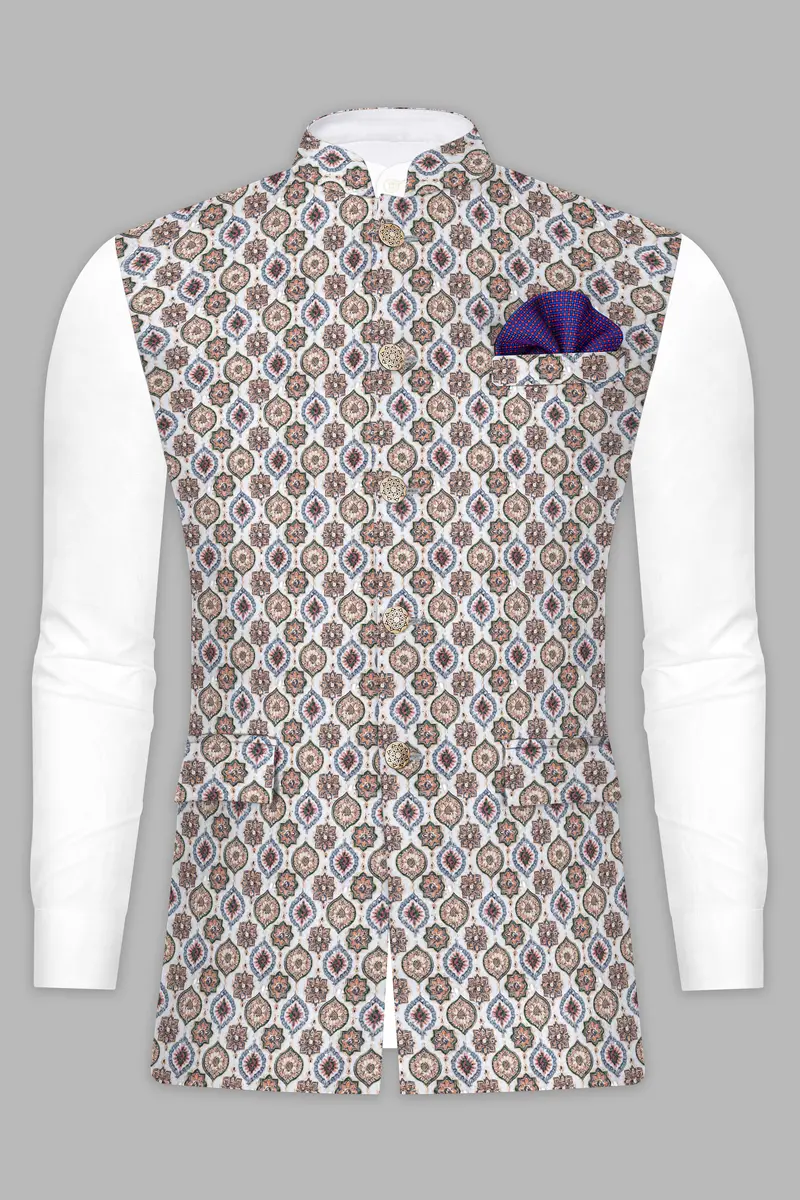 Bright White And Spruce Green Designer Embroidered Nehru Jacket 8