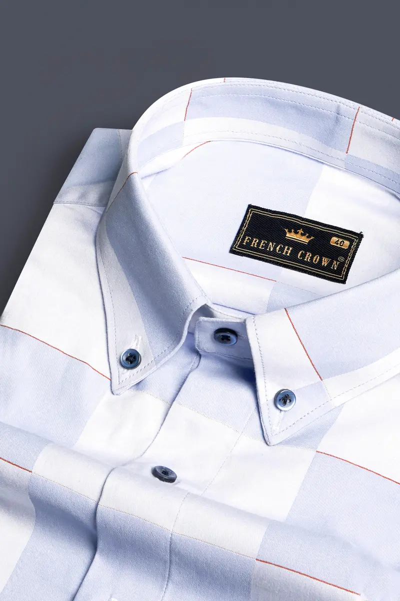 Bright White And Tealish Blue Checked Jacquard Textured Premium Giza Cotton Shirt 1