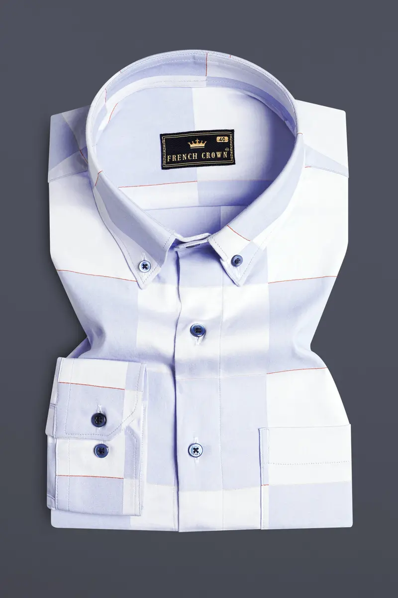 Bright White And Tealish Blue Checked Jacquard Textured Premium Giza Cotton Shirt 3