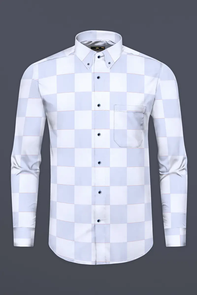 Bright White And Tealish Blue Checked Jacquard Textured Premium Giza Cotton Shirt 4